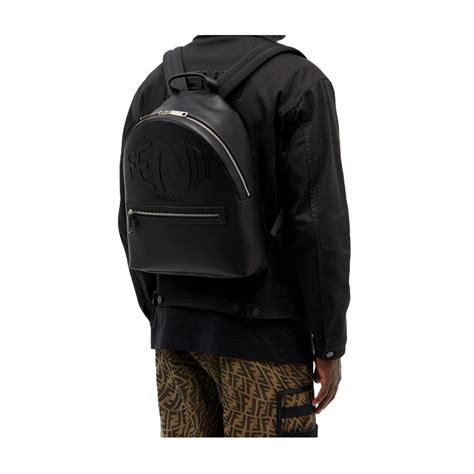 fendi 7vz042|FENDI Roma Warped Logo Black Leather Backpack 7VZ042.